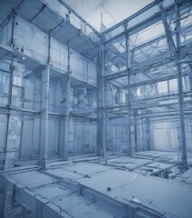 Obraz premium Stylized architectural blueprint with a photo-like blue tint, abstract geometric shapes , backdrop, style, graphic