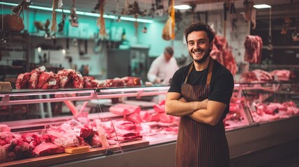 Young smiling man butcher standing at the meat counter, with copy space
