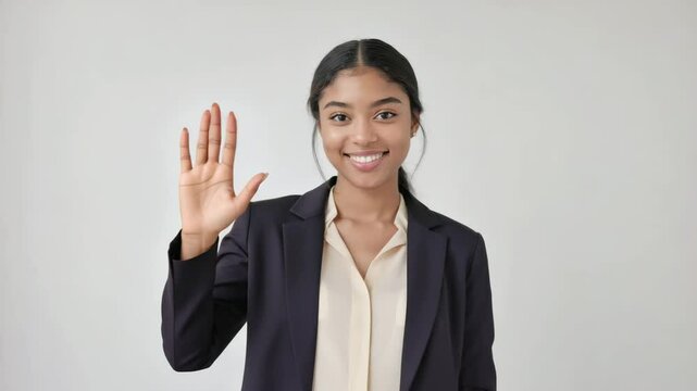A young Hispanic woman in business attire waves with a friendly smile against a white background. Concept of business communication and welcoming gesture.
