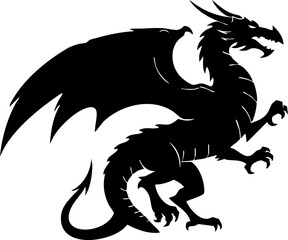Dramatic dragon silhouette displays its wings against a bright white backdrop, making it ideal for fantasy or gaming illustrations and designs.