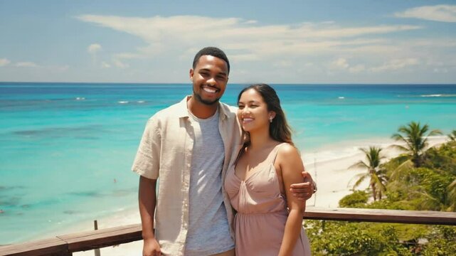 A young Black man and Latina woman embrace on a scenic beach with turquoise water. Concept of multicultural love and travel happiness.

