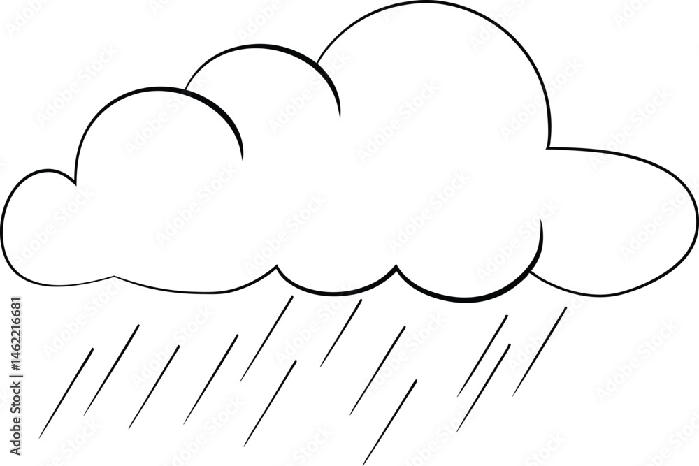 Poster continuous one line drawing of a cloud with falling rain in minimal style on a white background