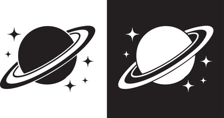 Saturn Silhouette, Planet Saturn with planetary ring vector, cosmos and planet black silhouette, vector illustration
