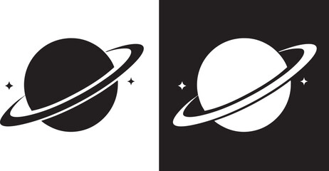 Saturn Silhouette, Planet Saturn with planetary ring vector, cosmos and planet black silhouette, vector illustration © Badman