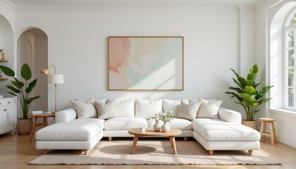 the white sofa serves as a focal point in the room, drawing the eye with its crisp, pure color against the blank canvas of the walls.