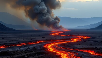 thick, viscous streams of glowing magma flow across the surface, leaving behind a trail of scorched earth and billowing black smoke, evoking visions of a fiery apocalypse in a hellish landscape. © วุฒิชัย จันทิมา