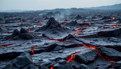 sharp, jagged edges of solidified lava jut out from the surface, forming a rugged and treacherous...