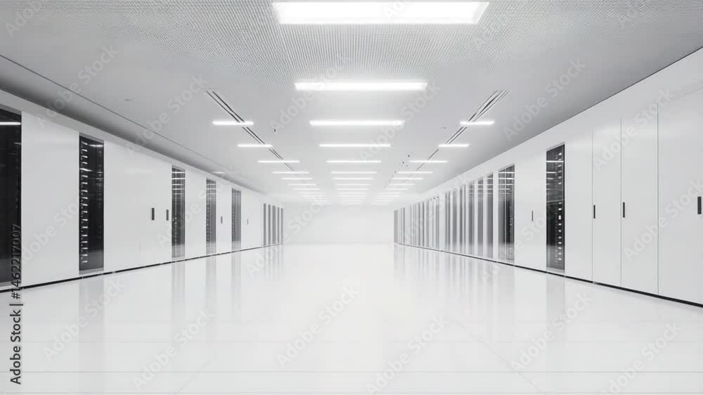 Poster clean data center with rows of servers, shining floors and bright lights in 4k