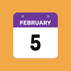 Calendar february 5 date calendar and year, vector icon design