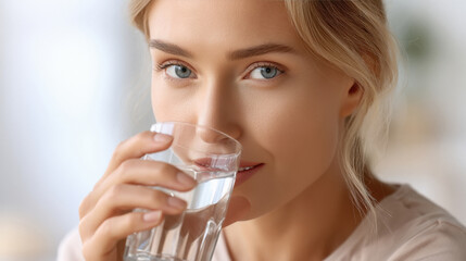 close up of young beautiful woman drinking water in glass