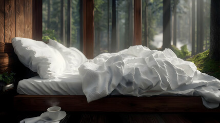 Cozy Wooden Bed With White Bedding In Forest View Bedroom