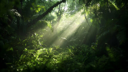 Sunlight Filtering Through Lush Rainforest Canopy