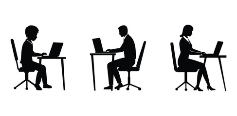 Silhouette of a female office worker sitting on chair, typing on a laptop at a desk vector silhouette, a male office worker sitting on chair, typing on a laptop at a desk....