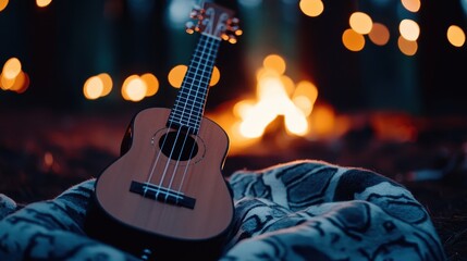 Obraz premium Acoustic ukulele resting on blanket by campfire with bokeh lights