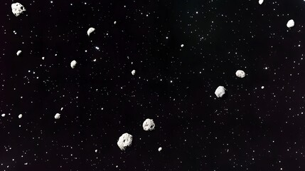 Scattered celestial bodies against a dark cosmic backdrop.