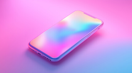 Sleek mobile phone with vibrant holographic display, showcasing blend of pink and blue colors, perfect for modern technology enthusiasts