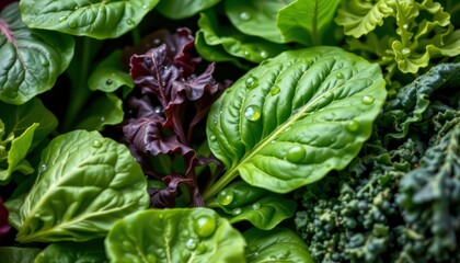 close up shot of a variety of leafy greens such as spinach, kale, and lettuce, with droplets of water glistening on the leaves, showcasing their crisp texture and nutritional value.