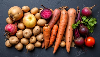 a diverse selection of root vegetables like potatoes, sweet potatoes, and beets are displayed on a dark slate surface, emphasizing their earthy origins and versatility in cooking.