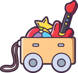 Toy box with ball and guitar fo creative play Vector Illustration Icon. Flat Cartoon Style