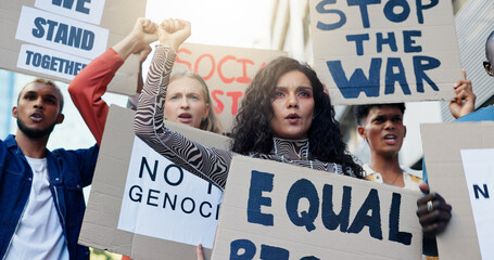 Protest, people and fist with poster outdoor to stop war, equal rights rally and social justice...
