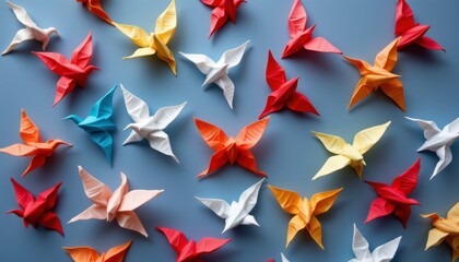 in a top down view, a collection of meticulously crafted origami birds appear to be dancing through the air, their wings outstretched and their forms perfectly symmetrical.