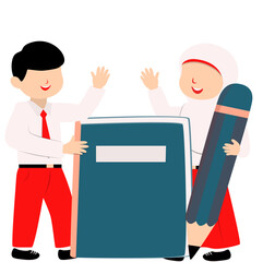 Happy Students with Books and Pencil - Back to School Illustration