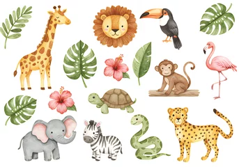 Fotobehang Dierentuin Watercolor jungle animals clipart set for kids nursery decor safari animal illustrations zoo animal graphics  © abdelaziz@771