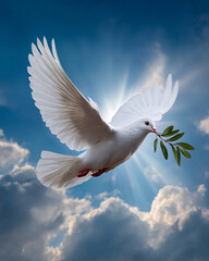Obraz premium Dove, Holy spirit dove flies in blue sky, bright light shines from heaven, christian symbol