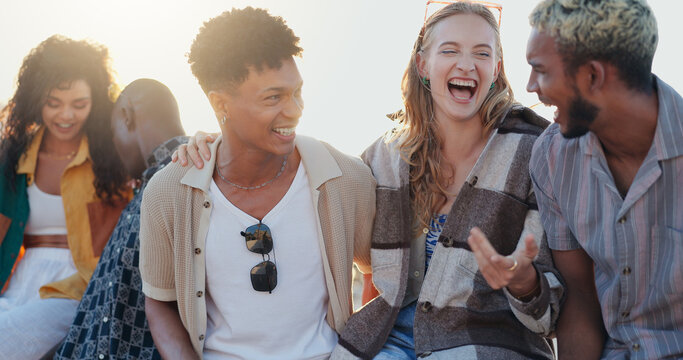 Couple of friends, travel and laugh outdoor on holiday, vacation and relax with gen z students on gap year. People, happy group and conversation for tourism, talking and share funny story with joke