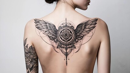 Elegant tattoo design on a woman's back with intricate wings  