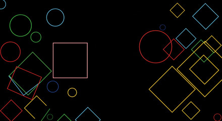 Geometric shapes floating on a black background with circles and squares in various colors and sizes
