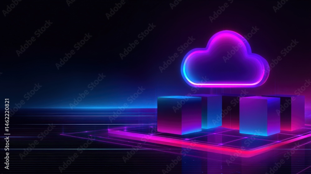 Aufkleber a glowing neon cloud and cubes represent cloud computing and data storage in a futuristic digital la