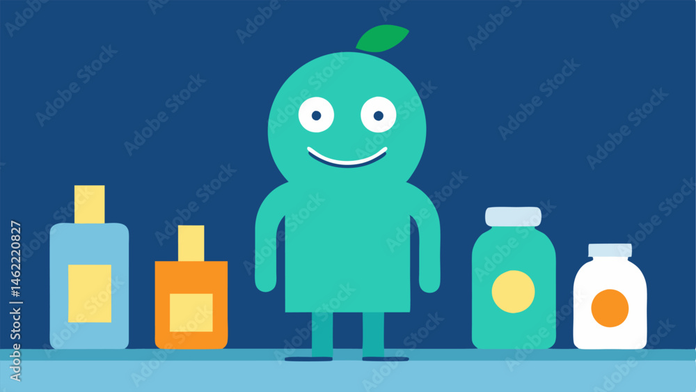 Poster healthy person icon a smiling character with a glowing aura standing next to a table filled with lab