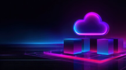 A glowing neon cloud and cubes represent cloud computing and data storage in a futuristic digital landscape.
