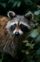 Fototapeta premium Close-Up Portrait of a Raccoon Partially Concealed by Lush Leaves, Showing Alert Eyes and Fur Details, Evoking the Mystery and Natural Beauty of this Common Yet Elusive Mammal in its Habitat