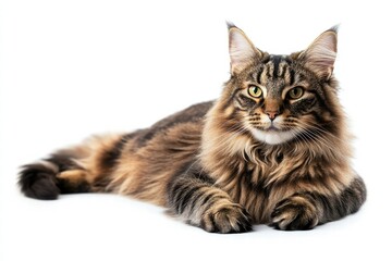 Fluffy Maine Coon posing on white background, hyper-detailed feline photography