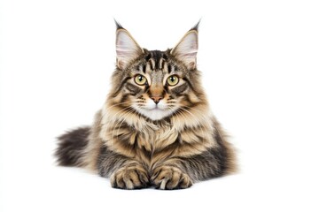 Fluffy Maine Coon posing on white background, hyper-detailed feline photography