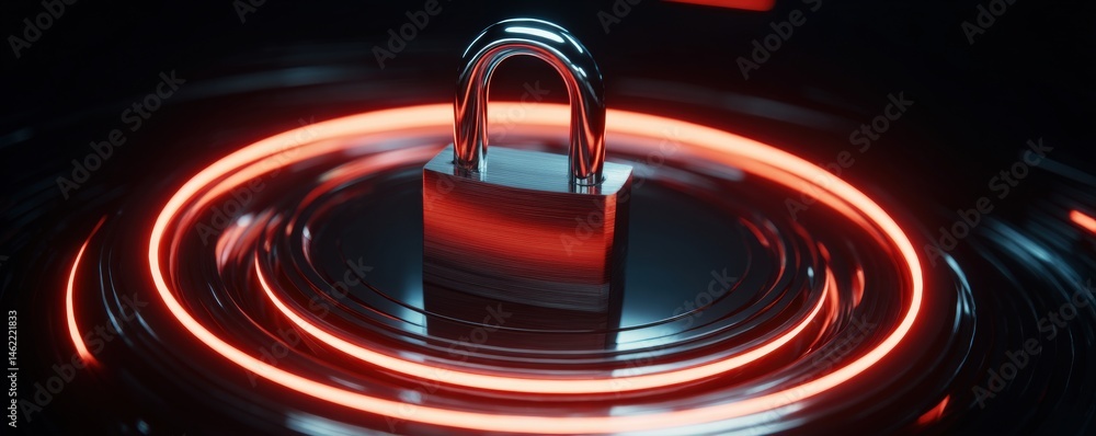 Poster a metallic padlock stands in the center of glowing red concentric circles, symbolizing security and 