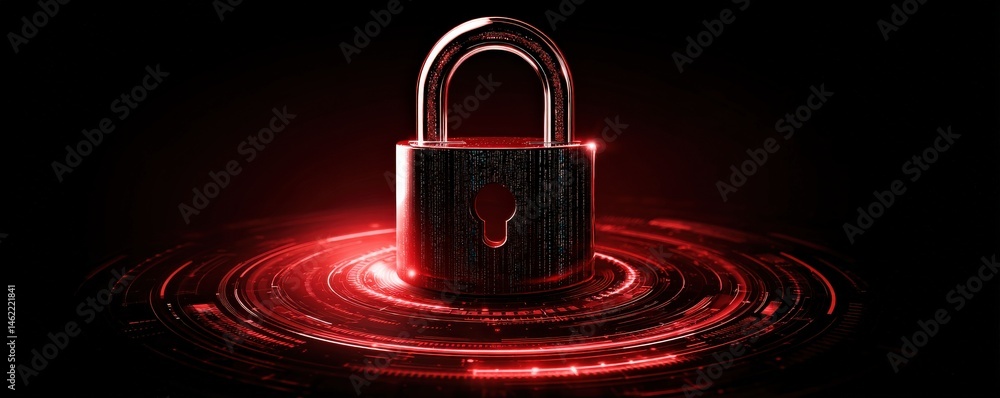 Poster a metallic padlock glows with red digital light on a dark background, symbolizing cybersecurity and 