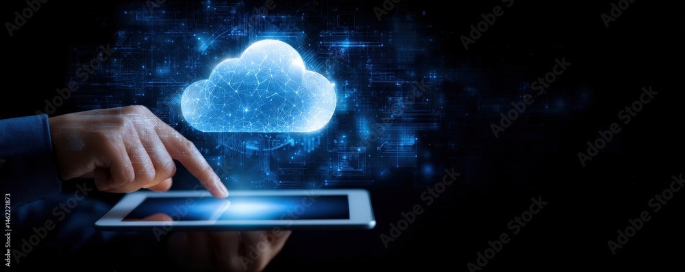 Aufkleber a person interacts with a digital tablet, accessing a glowing cloud computing icon surrounded by a d