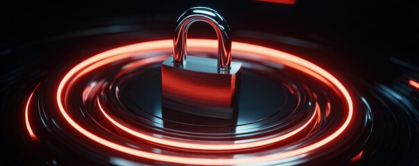 A metallic padlock stands in the center of glowing red concentric circles, symbolizing security and protection in a digital environment.