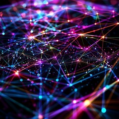 Obraz premium Abstract visualization of a complex network with glowing nodes and interconnected lines in vibrant neon colors on a dark background. Data and technology concept. 
