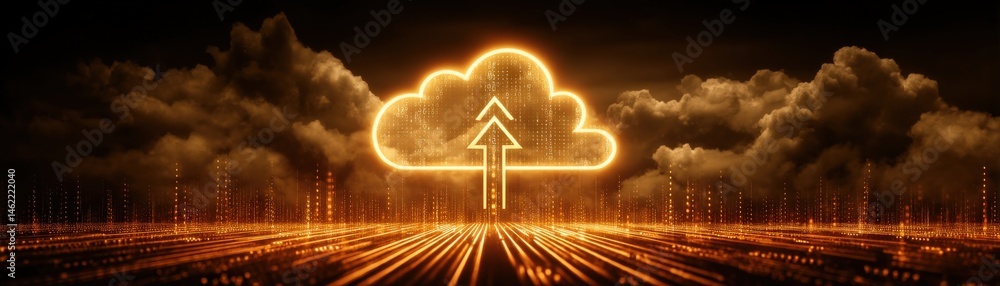 Poster a glowing cloud upload icon with digital lines and a futuristic cityscape, symbolizing cloud technol