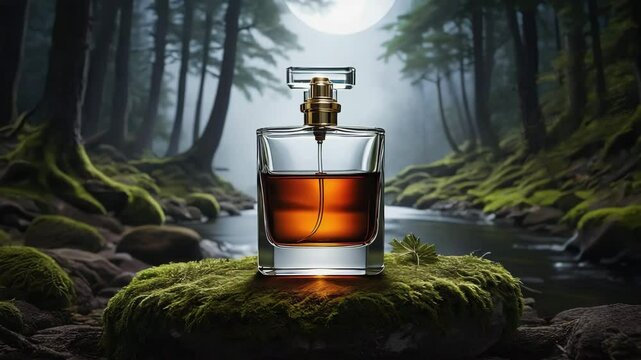 Close up aroma colone orange color in crystal glass on the rock in the middle of forest landscape , 4K video.