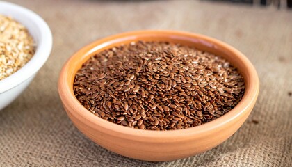 Flax Seeds in Ceramic Bowl at Farmer’s Market Harvest Table