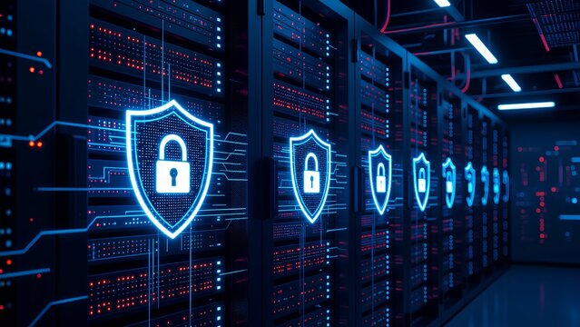Secure servers with digital padlock shields representing cybersecurity in a modern data center.