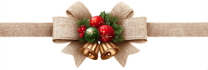 A traditional style Christmas bow with ribbon, embellished in traditional fabric hessian with gold bells hanging from the middle, white background