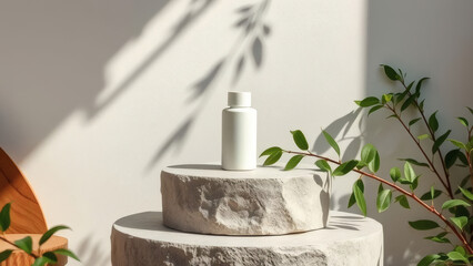 Natural beauty product platform with stone podium and soft leaf shadow