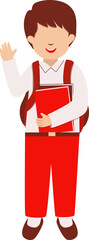 Happy Schoolboy Waving and Holding Books, Cartoon Illustration