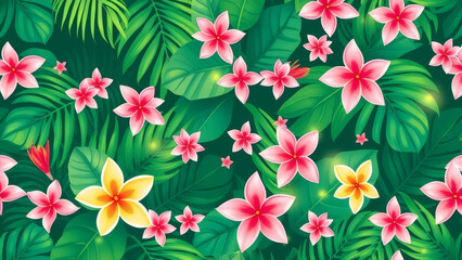 Tropical palm leaves and flowers pattern with soft glowing light on bl